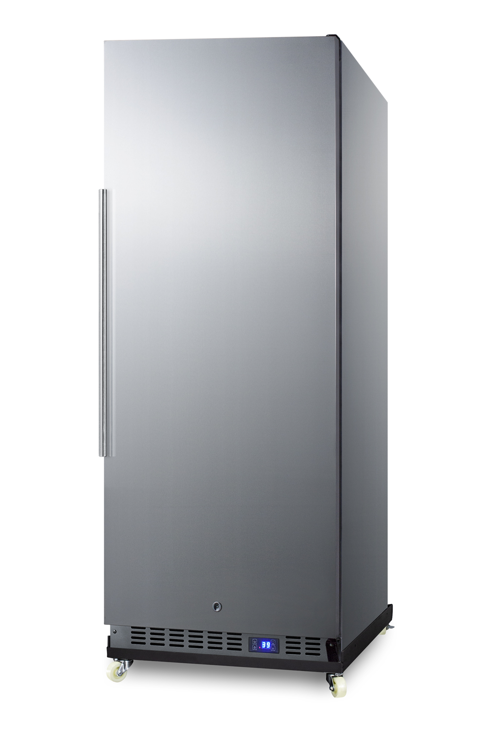 10.1 cu.ft. commercial all-refrigerator with stainless steel interior and exterior, digital thermostat, sheet pans and adjustable tray supports, chrome shelves, lock, automatic defrost operation, and removable dolly